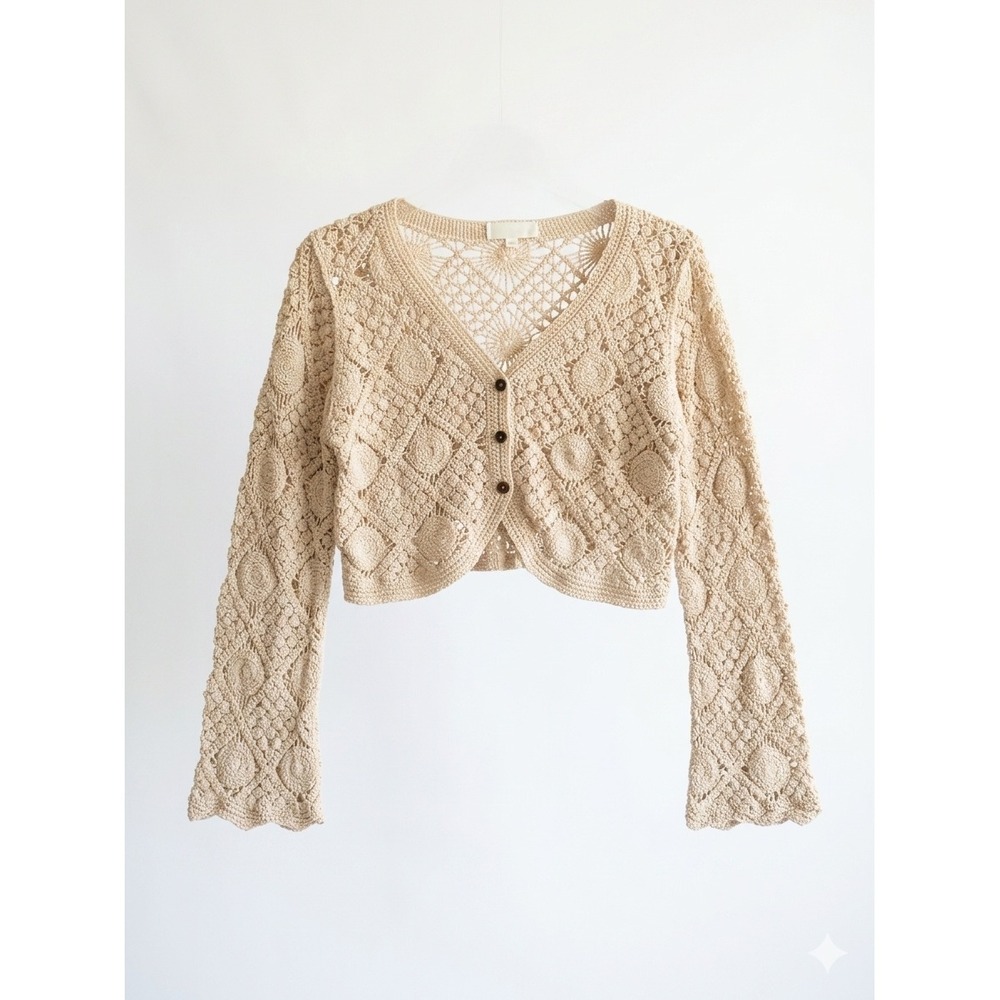 Beige Crochet V-Neck Button Crop Cardigan Sweater